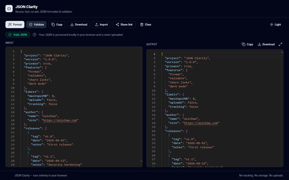 JSON Clarity: JSON input and formatted output side by side