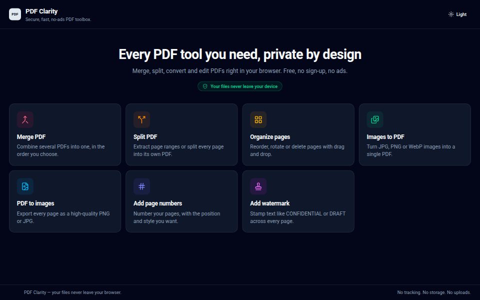 PDF Clarity: a grid of PDF tools — merge, split, organize, convert, number, watermark